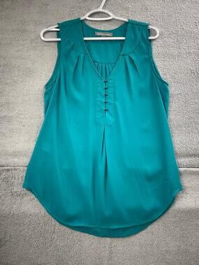 Daniel Rainn Womens Small Teal Sleeveless Blouse Pleated Button Tunic Top